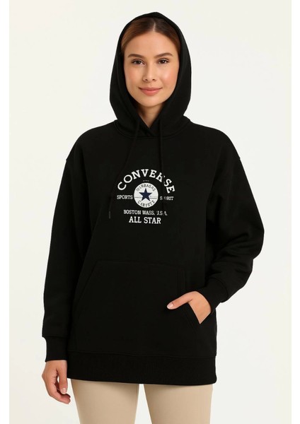 Üç Iplik Kapşonlu Ön ve Arka Baskılı Sweatshirt Hoodie- Siyah fırsatları