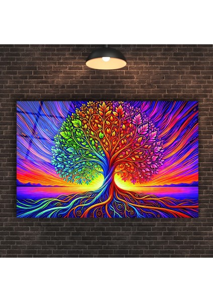 Rengarenk Hayat Ağacı Cam Tablo