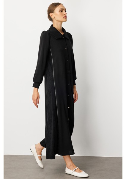 Krep Esnek Doku Yan Kadife Garni Detaylı (Kap/elbise) Ferace-Siyah fiyatları