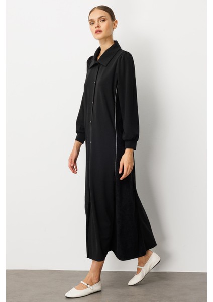 Krep Esnek Doku Yan Kadife Garni Detaylı (Kap/elbise) Ferace-Siyah modelleri