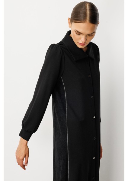 Krep Esnek Doku Yan Kadife Garni Detaylı (Kap/elbise) Ferace-Siyah