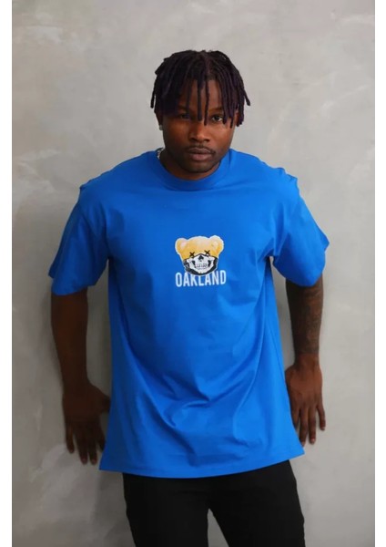Unisex Baskılı Oversize T-Shirt - Mavi
