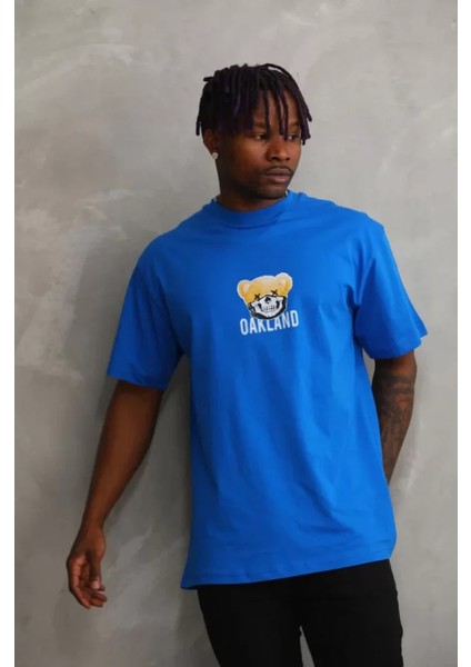 Unisex Baskılı Oversize T-Shirt - Mavi fırsatları