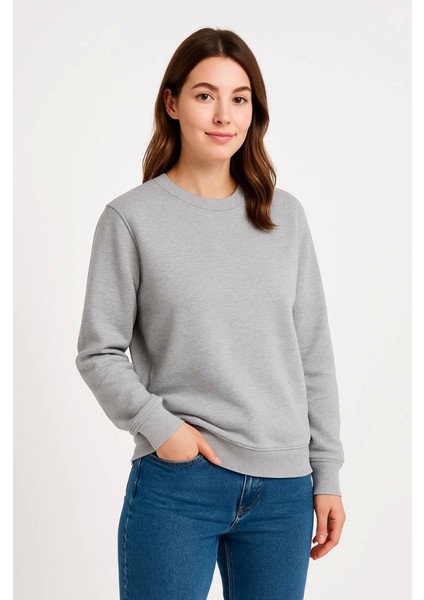 Üç Iplik Düz Bisiklet Yaka Sweatshirt - Gri