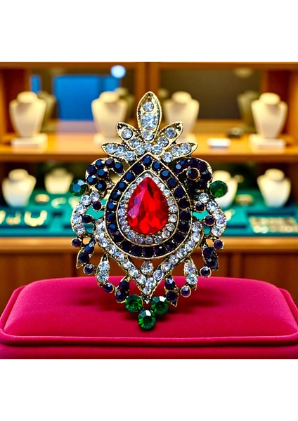 Zümrüt ve Yakut Kristal Taşlı Altın Renk Vintage Broş