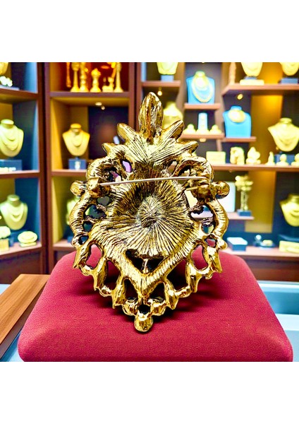 Zümrüt ve Yakut Kristal Taşlı Altın Renk Vintage Broş fiyatları