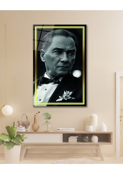 Sarı Çerçeve Görünümlü Atatürk Yan Portre Siyah Beyaz Cam Tablo fiyatları