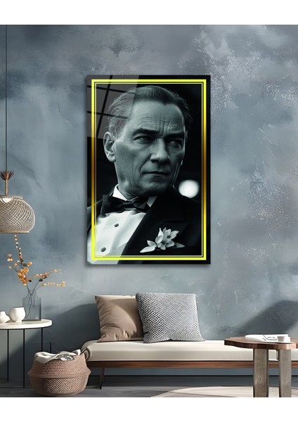 Sarı Çerçeve Görünümlü Atatürk Yan Portre Siyah Beyaz Cam Tablo indirimleri