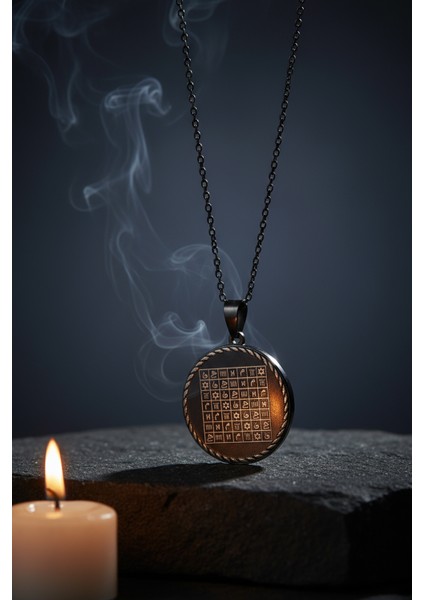 Celcelütiye ve Ism-I Azam Vefk Yazılı Çelik Kolye Titanyum Renk Paslanmaz Zincir (Unisex)