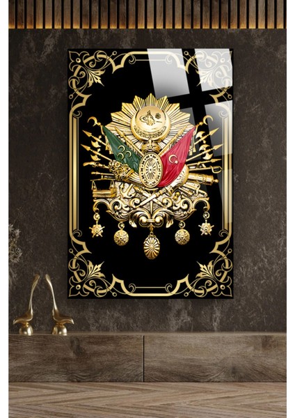Gold Çerçeve Görünümlü Osmanlı Tuğrası 4mm Kırılmaz Temperli Yüksek Çözünürlüklü Cam Tablo modelleri