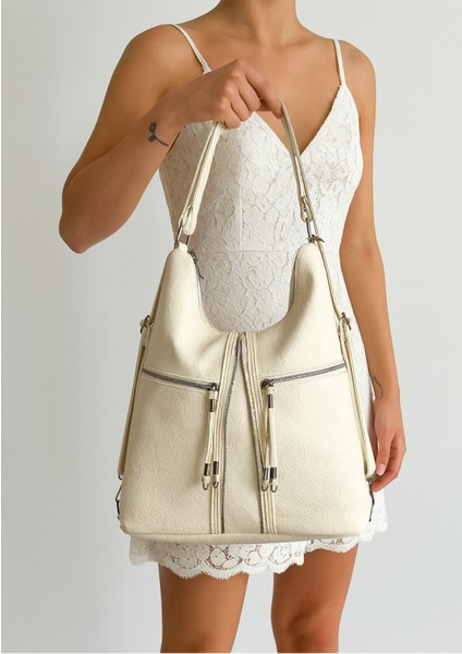 Yumuşak Suni Deri Krem El Omuz ve Sırt Kullanımına Uygun Kadın Çanta 34*39 cm