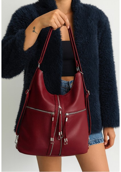 Yumuşak Suni Deri Vişne El Omuz ve Sırt Kullanımına Uygun Kadın Çanta 34*39 cm