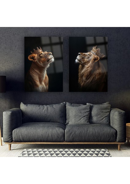 2 Parça Aslan Ailesi Kral Aslan ve Kraliçe Aslan Kırılmaz Cam Tablo Ev Hediyesi Iş Yeri Hediyesi