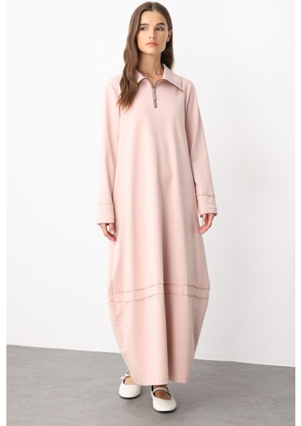 Aller Dikiş Detaylı Pamuk Karışımlı Dökümlü Örme Elbise-Pudra