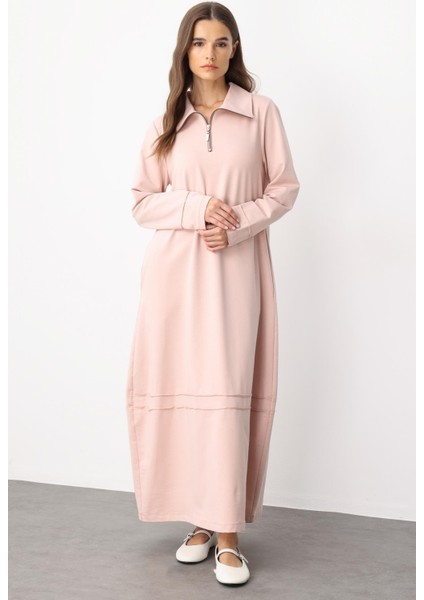 Aller Dikiş Detaylı Pamuk Karışımlı Dökümlü Örme Elbise-Pudra fiyatları