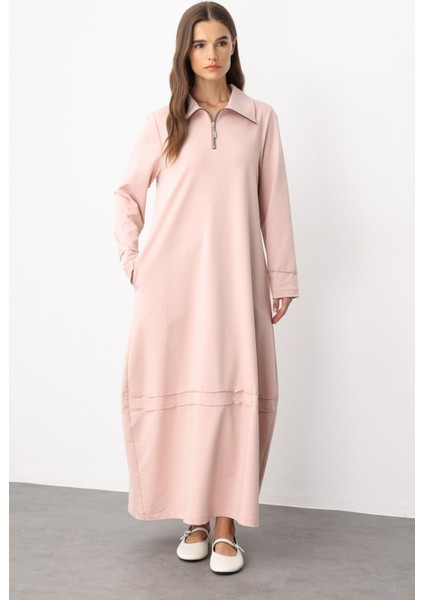 Aller Dikiş Detaylı Pamuk Karışımlı Dökümlü Örme Elbise-Pudra modelleri