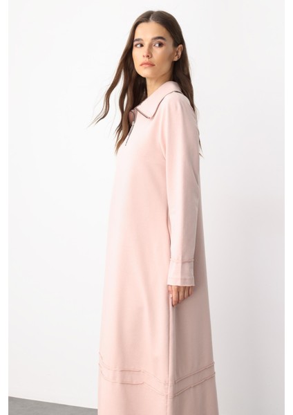 Aller Dikiş Detaylı Pamuk Karışımlı Dökümlü Örme Elbise-Pudra fırsatları