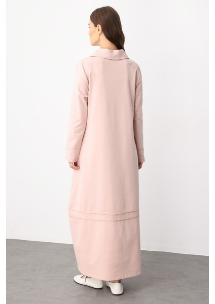 Aller Dikiş Detaylı Pamuk Karışımlı Dökümlü Örme Elbise-Pudra