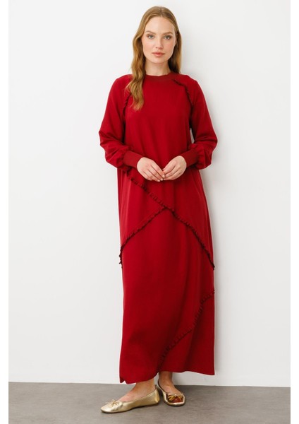 Yumuşak Dokusu ve Zarif Detaylarıyla Ipekçe Doku Ribanalı Özel Elbise-Bordo