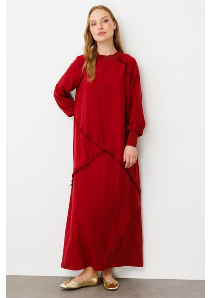 Yumuşak Dokusu ve Zarif Detaylarıyla Ipekçe Doku Ribanalı Özel Elbise-Bordo fiyatları