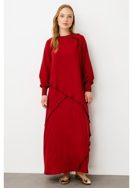 Yumuşak Dokusu ve Zarif Detaylarıyla Ipekçe Doku Ribanalı Özel Elbise-Bordo fırsatları