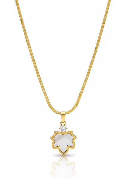 Çelik Akçaağaç Yaprağı Kolye Zirkon Yılan Zincir Kararmaz Takı