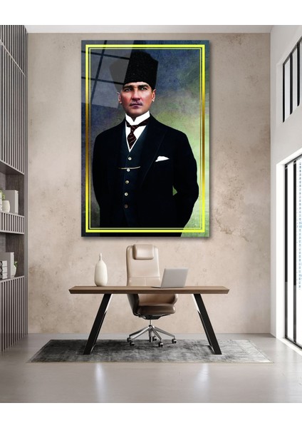 Sarı Çerçeve Görünümlü Atatürk Cam Tablo