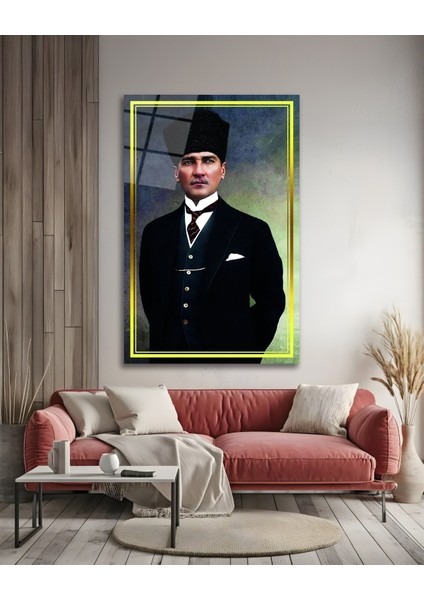 Sarı Çerçeve Görünümlü Atatürk Cam Tablo fırsatları