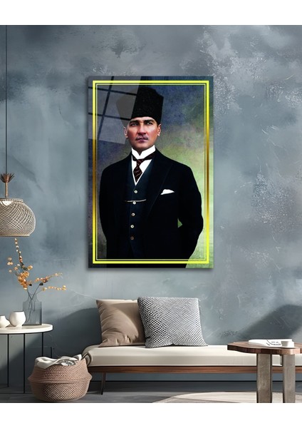 Sarı Çerçeve Görünümlü Atatürk Cam Tablo indirimleri