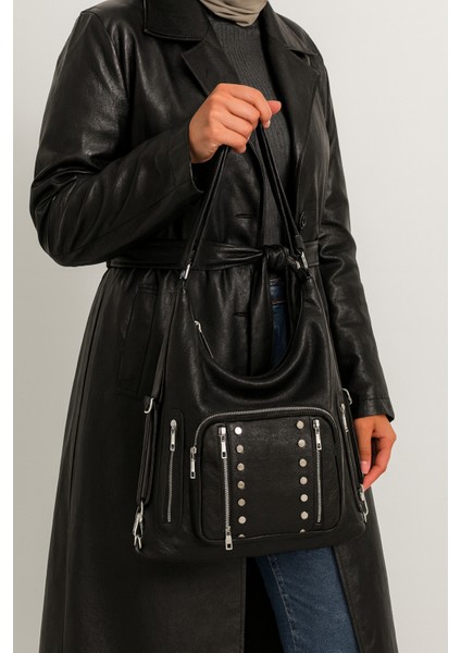 Yumuşak Suni Deri Siyah El Omuz ve Sırt Kullanımına Uygun Kadın Çanta 34*41 cm