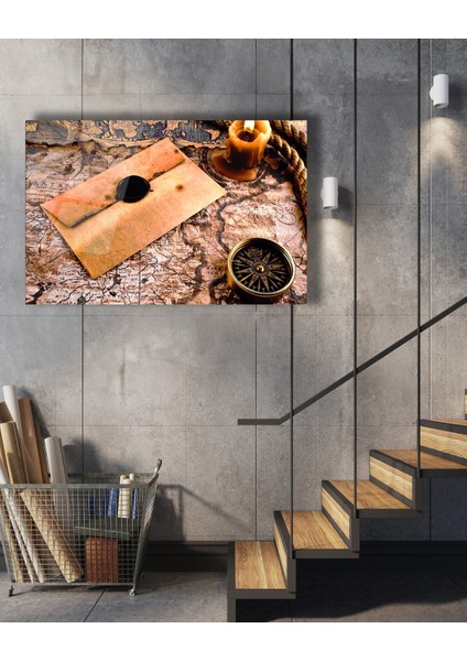 Eski Harita Mühürlü Mektup Mum ve Pusula Cam Tablo fiyatları