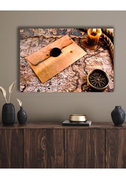 Eski Harita Mühürlü Mektup Mum ve Pusula Cam Tablo modelleri