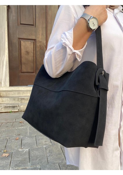 Süet Kemer Detaylı El ve Omuz Çantası