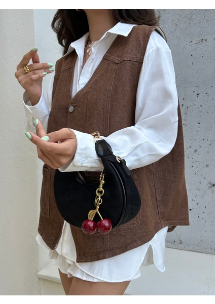 *** Siyah Süet Kadın Omuz Çantası Kiraz Charm Hediyeli