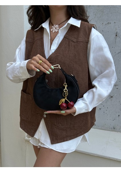 *** Siyah Süet Kadın Omuz Çantası Kiraz Charm Hediyeli fiyatları