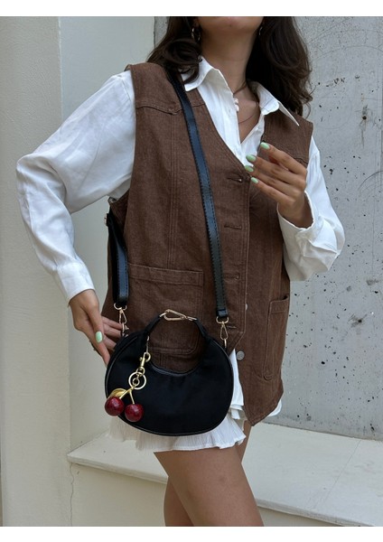 *** Siyah Süet Kadın Omuz Çantası Kiraz Charm Hediyeli modelleri