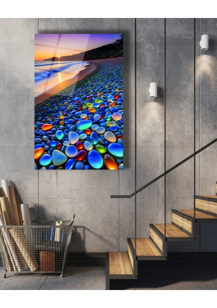 Sahilde Çakıl Taşları Cam Tablo