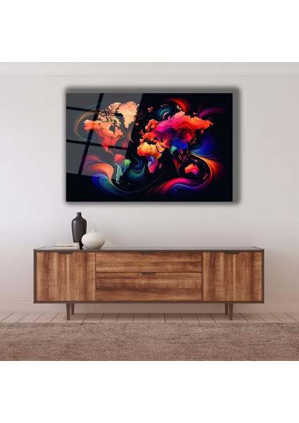 Rengarenk Dünya Haritası Cam Tablo