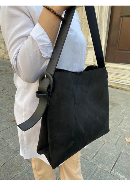 Siyah Süet Toka Detaylı Siyah Büyük Boy Kadın Shopper Çanta