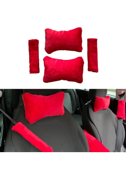 Peluş Ortopedik Araba Seyahat Boyun Yastığı Emniyet Kemer Pedi Seti Kırmızı