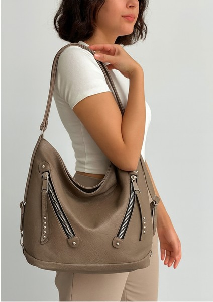 Yumuşak Suni Deri Fermuar Detaylı Vizon El Omuz ve Sırt Kullanımına Uygun Kadın Çanta 34*41 cm
