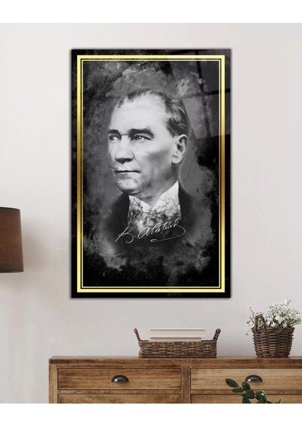 Şerit Atatürk Portresi Siyah Beyaz Cam Tablo, Uv Baskılı ve Temperli, Hediyelik fiyatları