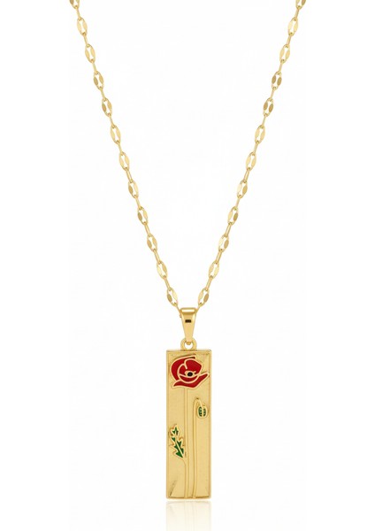 Çelik Kırmızı Gül Kolye Plaka Figürlü Kararmaz Takı