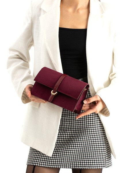 *** Bella Model Bordo Süet Kadın El ve Omuz Çantası