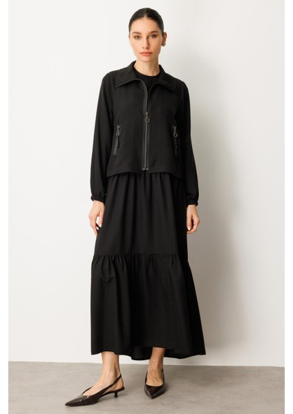 Ceket ve Iç Jile Kombin Ipekçe Elbise Ferace-Siyah