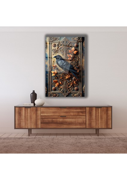 Sonbahar Motifli Karga Cam Tablo