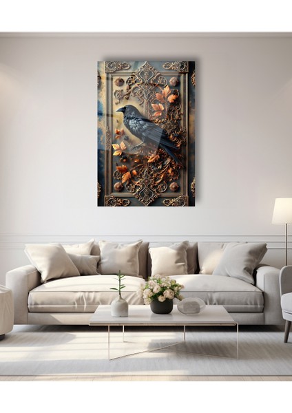Sonbahar Motifli Karga Cam Tablo modelleri