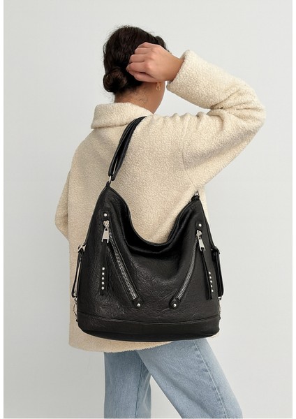 Yumuşak Suni Deri Fermuar Detaylı Siyah El Omuz ve Sırt Kullanımına Uygun Kadın Çanta 34*41 cm