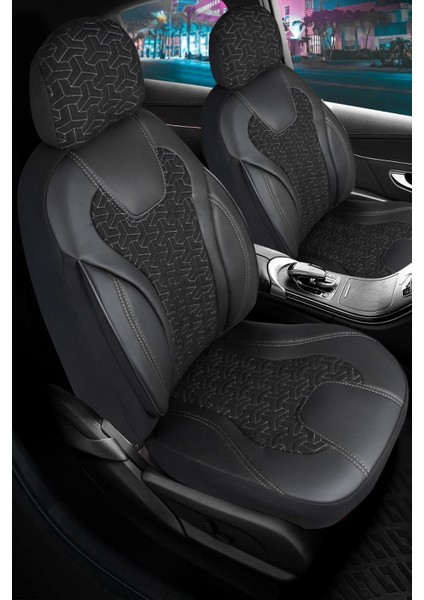 Geely Emgrand Deri Detaylı Oto Koltuk Kılıfı Ön Arka Set Siyah Beyaz Siena Seri Scr