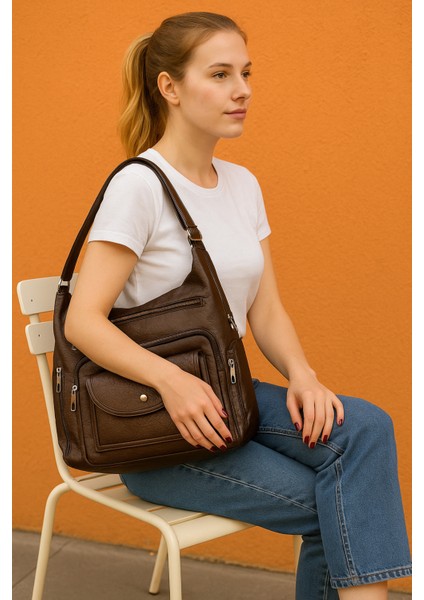 Yumuşak Suni Deri Kahve El Omuz ve Sırt Kullanımına Uygun Kadın Çanta